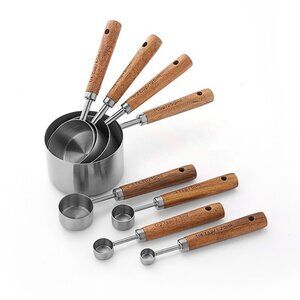 8-Piece Stainless Steel Measuring Cups and Spoons with Wooden Handle
